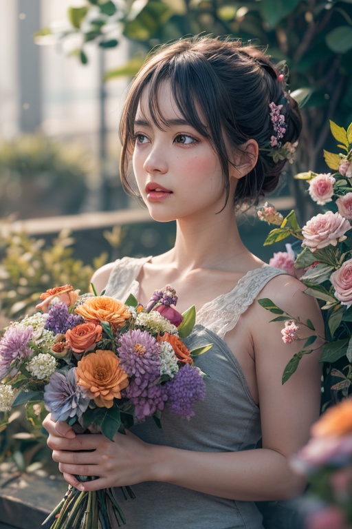 woman,flowers (innocent grey),exposure blend, medium shot, bokeh, (hdr:1.4), high contrast, (cinematic, teal and orange:0.85), (muted colors, dim colors, soothing tones:1.3), low saturation