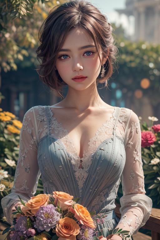 woman,flowers (innocent grey),exposure blend, medium shot, bokeh, (hdr:1.4), high contrast, (cinematic, teal and orange:0.85), (muted colors, dim colors, soothing tones:1.3), low saturation