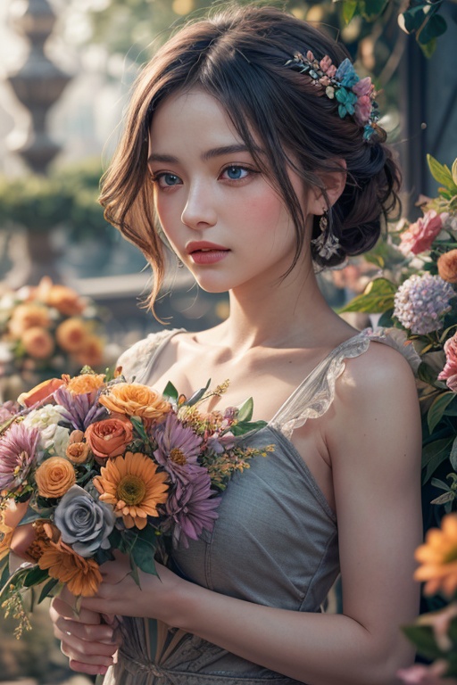 woman,flowers (innocent grey),exposure blend, medium shot, bokeh, (hdr:1.4), high contrast, (cinematic, teal and orange:0.85), (muted colors, dim colors, soothing tones:1.3), low saturation