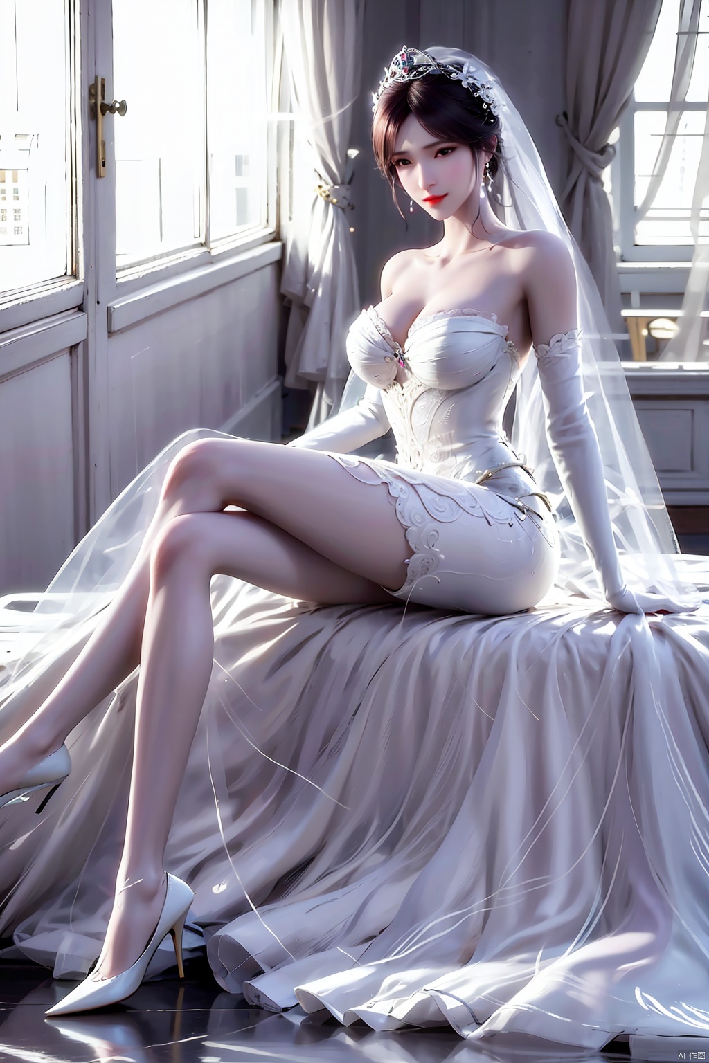 1girl,solo,breasts,looking at viewer,smile,short hair,large breasts,brown hair,black hair,dress,cleavage,bare shoulders,brown eyes,jewelry,sitting,closed mouth,collarbone,full body,thighs,earrings,indoors,hair bun,white dress,high heels,lips,see-through,legs,bare arms,bare legs,window,strapless,bed,single hair bun,white footwear,crossed legs,tiara,curtains,veil,strapless dress,wedding dress,red lips,bridal veil,, xuxin, qingyi,hair ornament, 1 girl