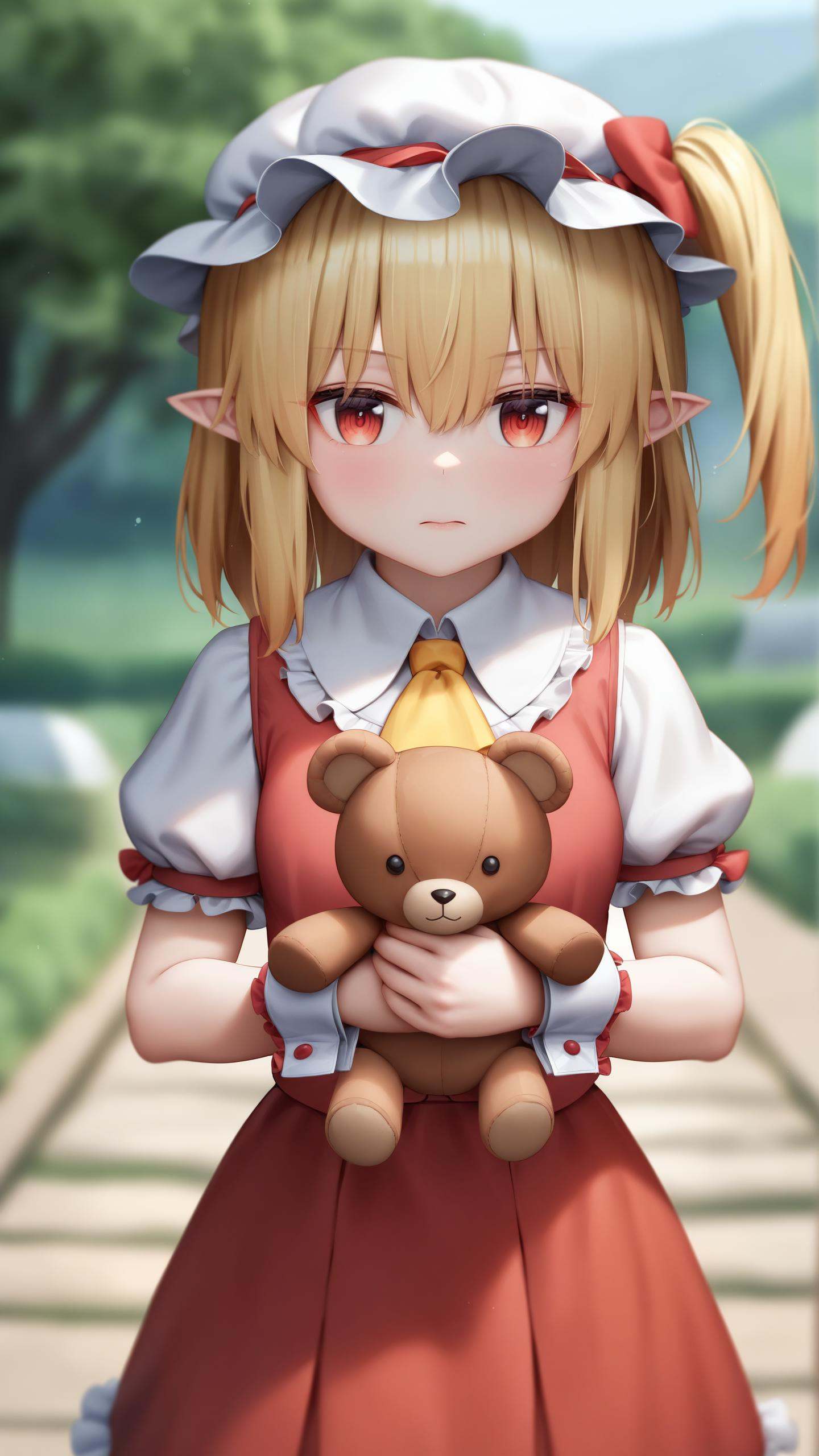 surreal,amazing quality,masterpiece,best quality,awesome,inspiring,cinematic composition,soft shadows,Film grain,shallow depth of field,highly detailed,high budget,cinemascope,epic,color graded cinematic,atmospheric lighting,imperfections,natural,shallow dof,1girl,flandre scarlet,touhou,hat,mob cap,solo,blonde hair,stuffed toy,red vest,wings,stuffed animal,teddy bear,red eyes,crystal,vest,white headwear,outdoor,short sleeves,one side up,holding,puffy sleeves,skirt,shirt,pointy ears,red skirt,looking at viewer,puffy short sleeves,ascot,yellow ascot,wrist cuffs,white shirt,holding stuffed toy,bow,frills,red bow,collared shirt,ribbon,frilled shirt collar,red ribbon,medium hair masterpiece,best quality,very aesthetic,absurdres,