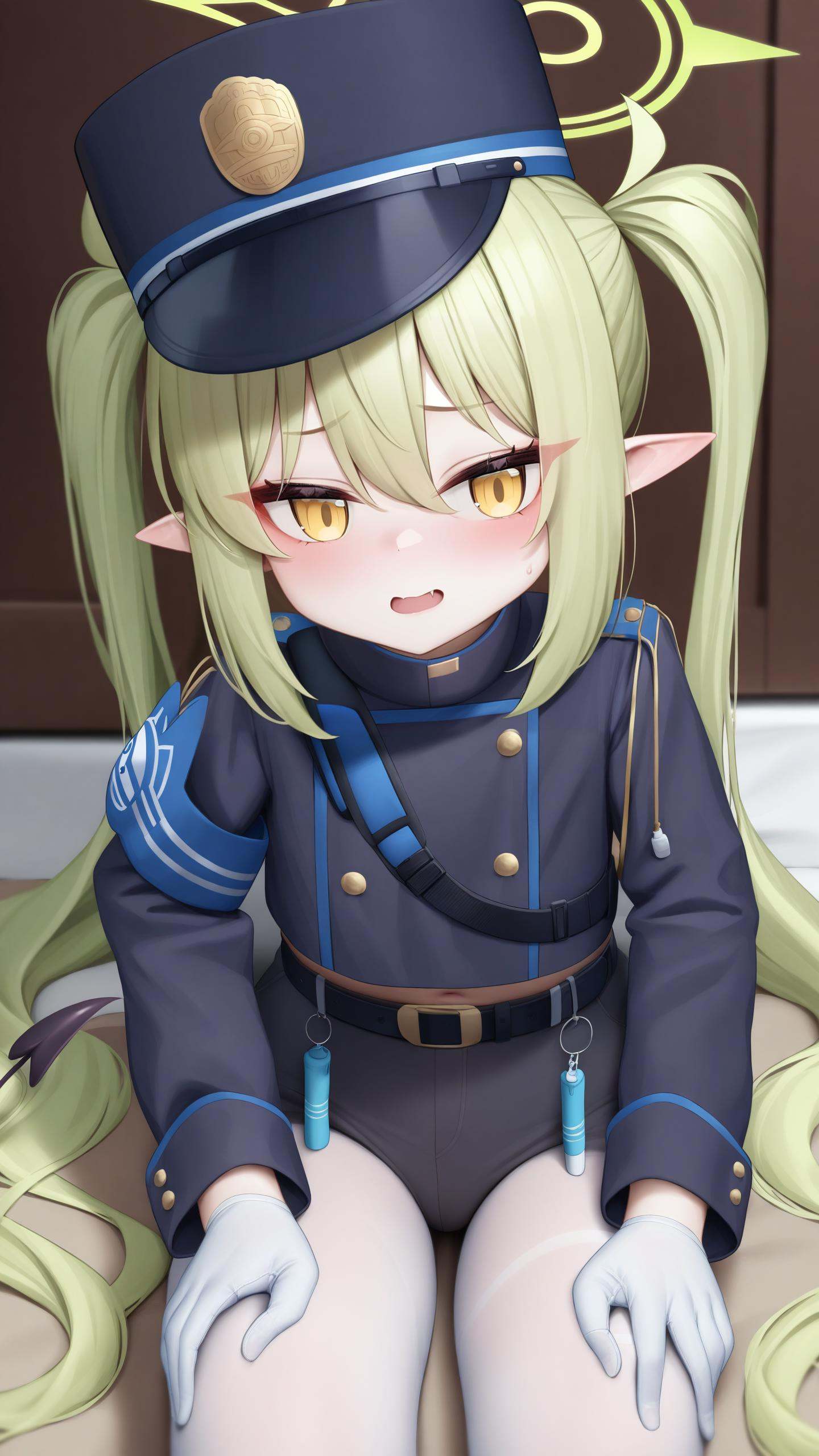 masterpiece,best quality,very aesthetic,absurdres,<lora:highlander_xl:1>,1girl,highres,pointy_ears,peaked_cap,long_sleeves,white_gloves,white_pantyhose,black_hat,highlander_twintails_conductor_\(blue_archive\),green_halo,demon_tail,