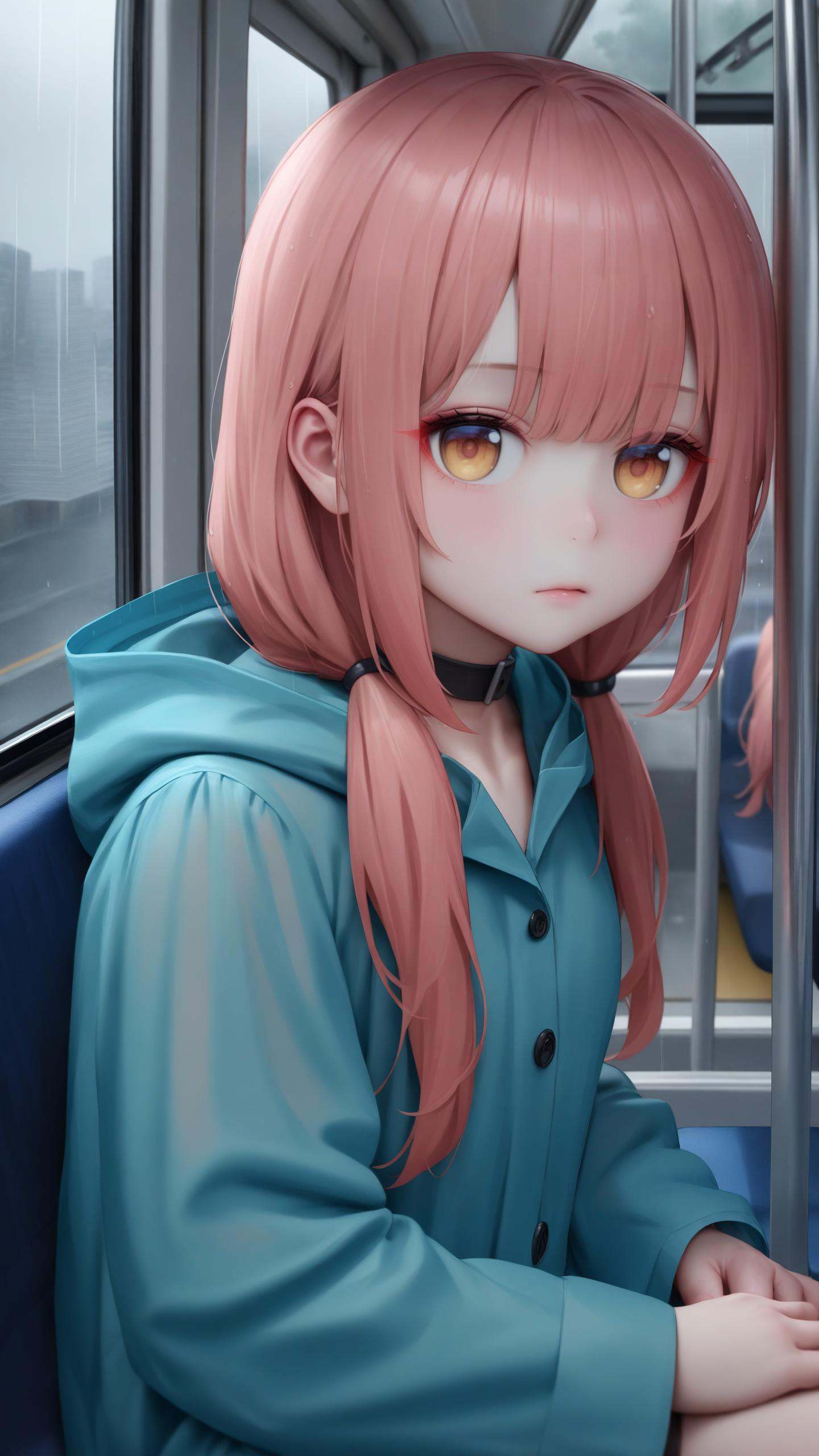 looking at viewer,expressionless,hina amano,long hair,low twintails,choker,raincoat,sitting,indoors,bus interior,overcast,rain,city,best quality,masterpiece,realistic,absurdres,Highly detailed,