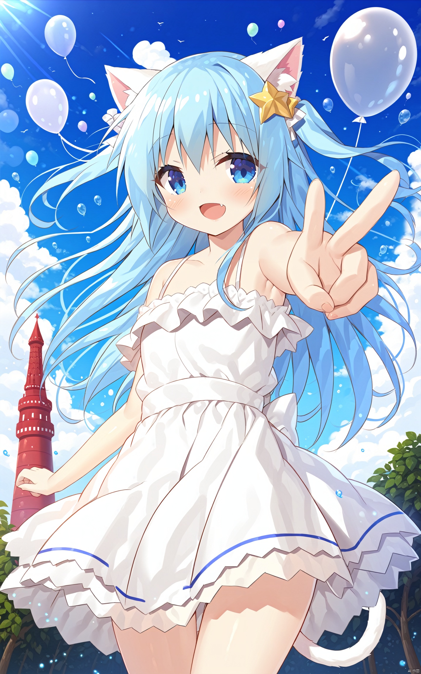  Best-A,yano_mitsuki_\(nanairo\),1girl, \:d, aircraft, animal_ears, arm_up, armpits, balloon, bare_arms, bare_shoulders, blue_eyes, blue_hair, blue_sky, blush, bubble, cat_ears, cat_tail, commentary, cowboy_shot, day, dress, empire_waist, fang, head_tilt, hot_air_balloon, long_hair, looking_ahead, looking_at_viewer, mint_\(uchi_no_pet_jijou\), off-shoulder_dress, off_shoulder, open_mouth, outdoors, outstretched_arm, pointing, sky, smile, solo, spaghetti_strap, star_\(symbol\), star_in_eye, symbol-only_commentary, symbol_in_eye, tail, tareme, tower, uchi_no_pet_jijou, white_dress, yano_mitsuki_\(nanairo\)