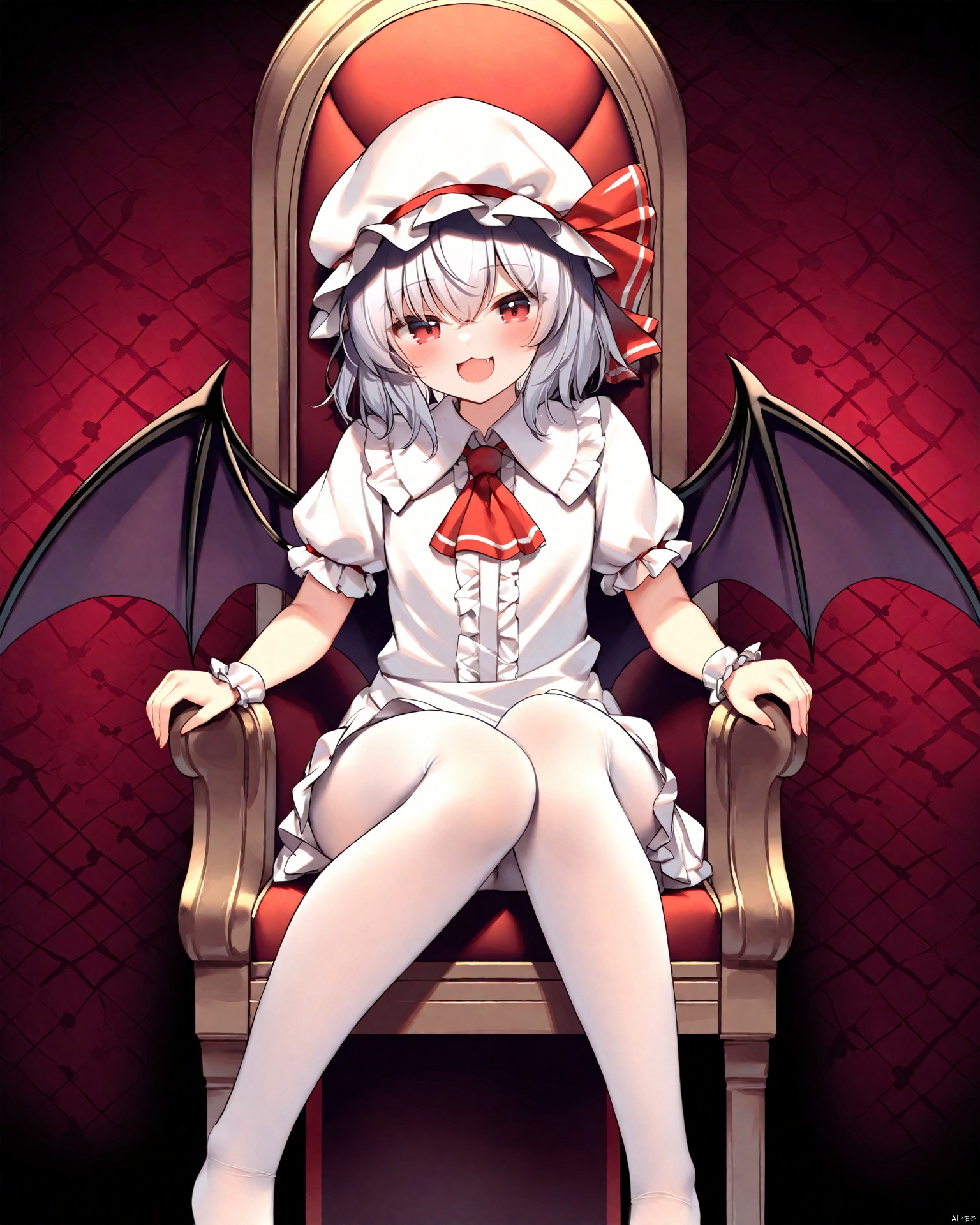 Best-A,chen_bin,Best-A,1girl, ascot, bat_wings, blush, chair, chen_bin, collared_shirt, cropped_legs, fang, frilled_shirt_collar, frills, grey_hair, hat, hat_ribbon, highres, looking_at_viewer, mob_cap, open_mouth, pantyhose, red_ascot, red_eyes, red_ribbon, remilia_scarlet, ribbon, shirt, short_hair, short_sleeves, sitting, smile, solo, throne, touhou, white_hat, white_pantyhose, white_shirt, wings, wrist_cuffs