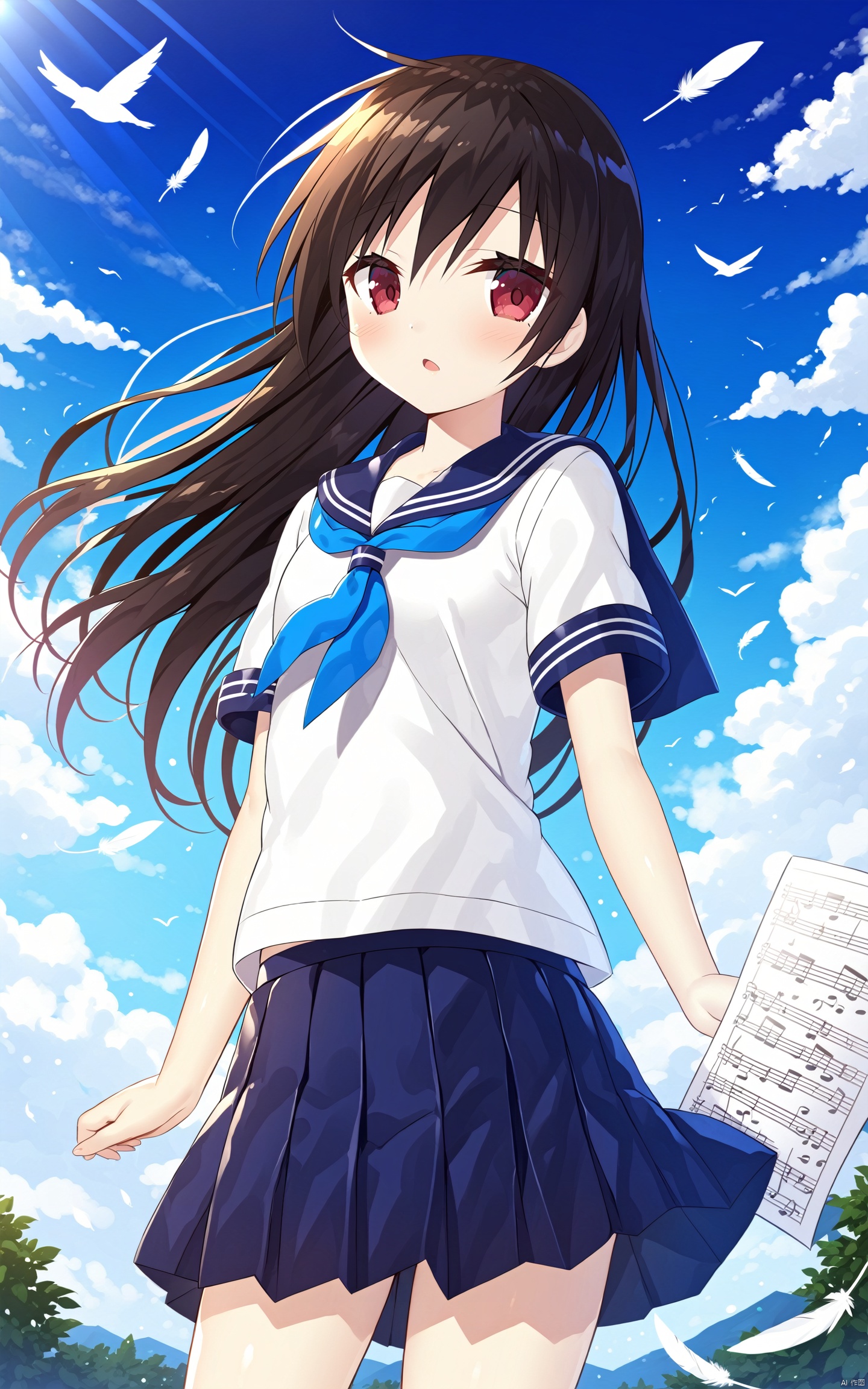 Best-A,yano_mitsuki_\(nanairo\),1girl, bird, black_hair, blue_neckerchief, blue_sailor_collar, blue_skirt, blue_sky, blush, cloud, cloudy_sky, commentary_request, day, feathers, hibike\!_euphonium, highres, kitauji_high_school_uniform, liz_to_aoi_tori, long_hair, neckerchief, outdoors, parted_lips, pleated_skirt, red_eyes, sailor_collar, school_uniform, serafuku, sheet_music, shirt, short_sleeves, skirt, sky, solo, white_shirt, yano_mitsuki_\(nanairo\), yoroizuka_mizore
