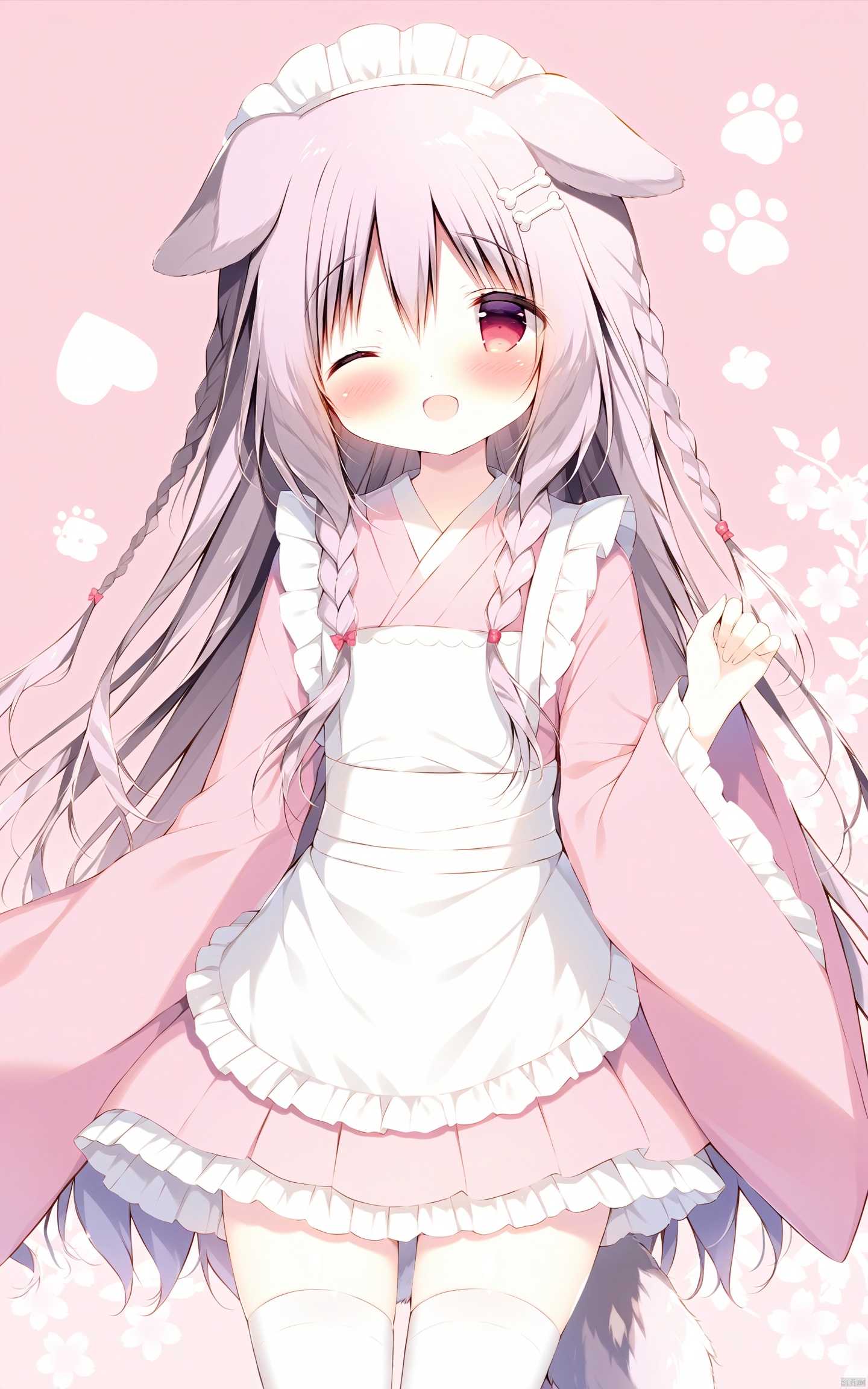 best-A, (shiratama_\(shiratamaco\)),1girl, wa maid, dog ears, solo, kimono, one eye closed, animal ears, dog tail, japanese clothes, white thighhighs, frills, long hair, ;d, tail, maid headdress, dog girl, smile, floral background, apron, frilled apron, frilled kimono, thighhighs, white apron, red eyes, bone hair ornament, blush, long sleeves, sleeves past wrists, skirt, pink kimono, hair between eyes, bangs, wide sleeves, open mouth, very long hair, hair ornament, pleated skirt, pink background, braid, frilled skirt, hand up, cartoon bone, frilled sleeves, bow , masterpiece, best quality