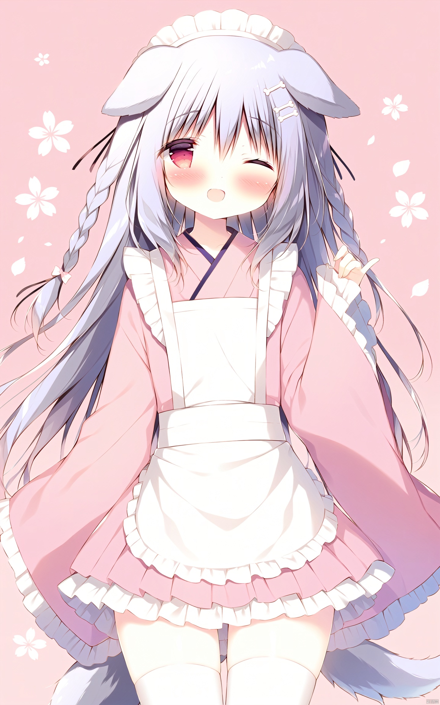 best-A, (shiratama_\(shiratamaco\)),1girl, wa maid, dog ears, solo, kimono, one eye closed, animal ears, dog tail, japanese clothes, white thighhighs, frills, long hair, ;d, tail, maid headdress, dog girl, smile, floral background, apron, frilled apron, frilled kimono, thighhighs, white apron, red eyes, bone hair ornament, blush, long sleeves, sleeves past wrists, skirt, pink kimono, hair between eyes, bangs, wide sleeves, open mouth, very long hair, hair ornament, pleated skirt, pink background, braid, frilled skirt, hand up, cartoon bone, frilled sleeves, bow , masterpiece, best quality