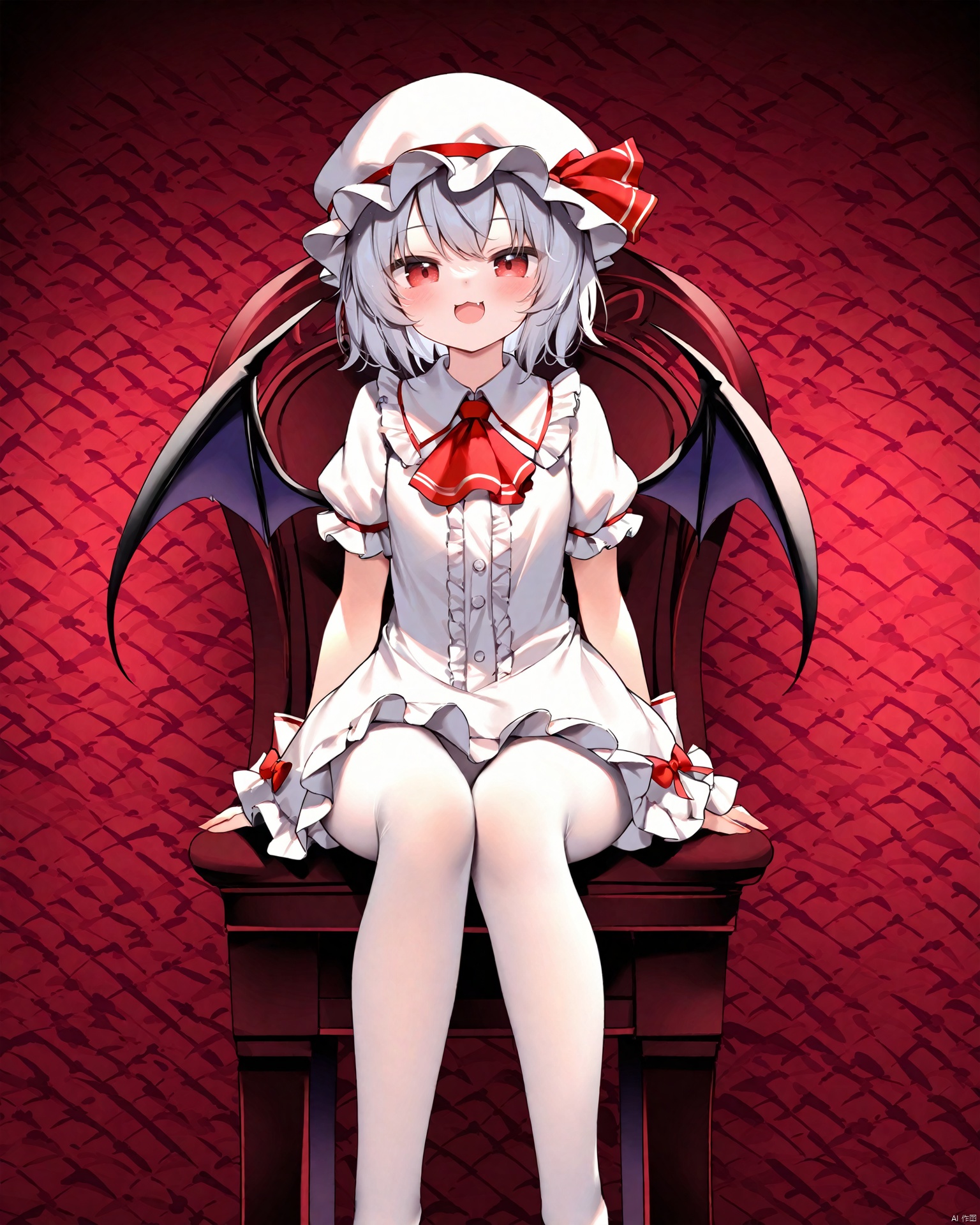 Best-A,chen_bin,Best-A,1girl, ascot, bat_wings, blush, chair, chen_bin, collared_shirt, cropped_legs, fang, frilled_shirt_collar, frills, grey_hair, hat, hat_ribbon, highres, looking_at_viewer, mob_cap, open_mouth, pantyhose, red_ascot, red_eyes, red_ribbon, remilia_scarlet, ribbon, shirt, short_hair, short_sleeves, sitting, smile, solo, throne, touhou, white_hat, white_pantyhose, white_shirt, wings, wrist_cuffs