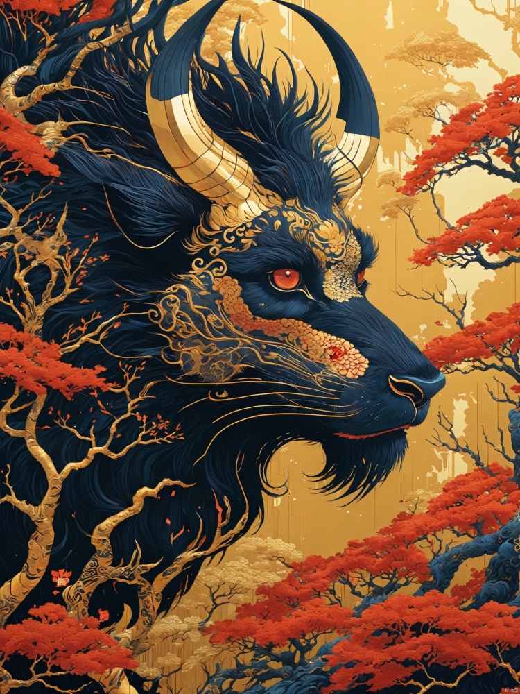 A divine beast with Chinese patterned skin through trees on the canvas, in the style of kilian eng,in the style of hyper-detailed illustrations,nature-inspired compositions, dark gold and red,chinapunk, close up, realistic color schemes, Kilian Eng