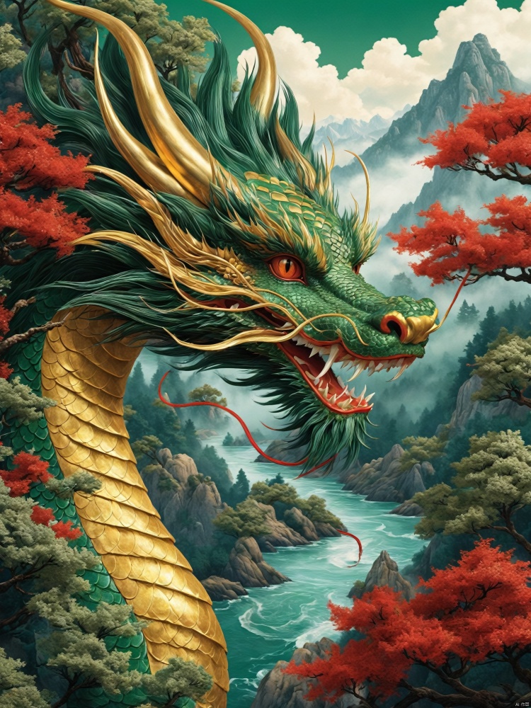 The Classic of Mountains and Seas, Chinese Green Dragon, through the trees, in the style of Killian, with ultra-detailed illustration style, nature-inspired composition, deep gold and red, Chinese punk, close up, realistic color scheme