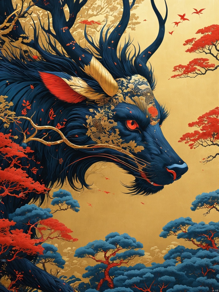  A divine beast with Chinese patterned skin through trees on the canvas, in the style of kilian eng,in the style of hyper-detailed illustrations,nature-inspired compositions, dark gold and red,chinapunk, close up, realistic color schemes, Kilian Eng