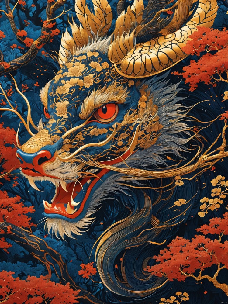  A divine beast with Chinese patterned skin through trees on the canvas, in the style of kilian eng,in the style of hyper-detailed illustrations,nature-inspired compositions, dark gold and red,chinapunk, close up, realistic color schemes, Kilian Eng