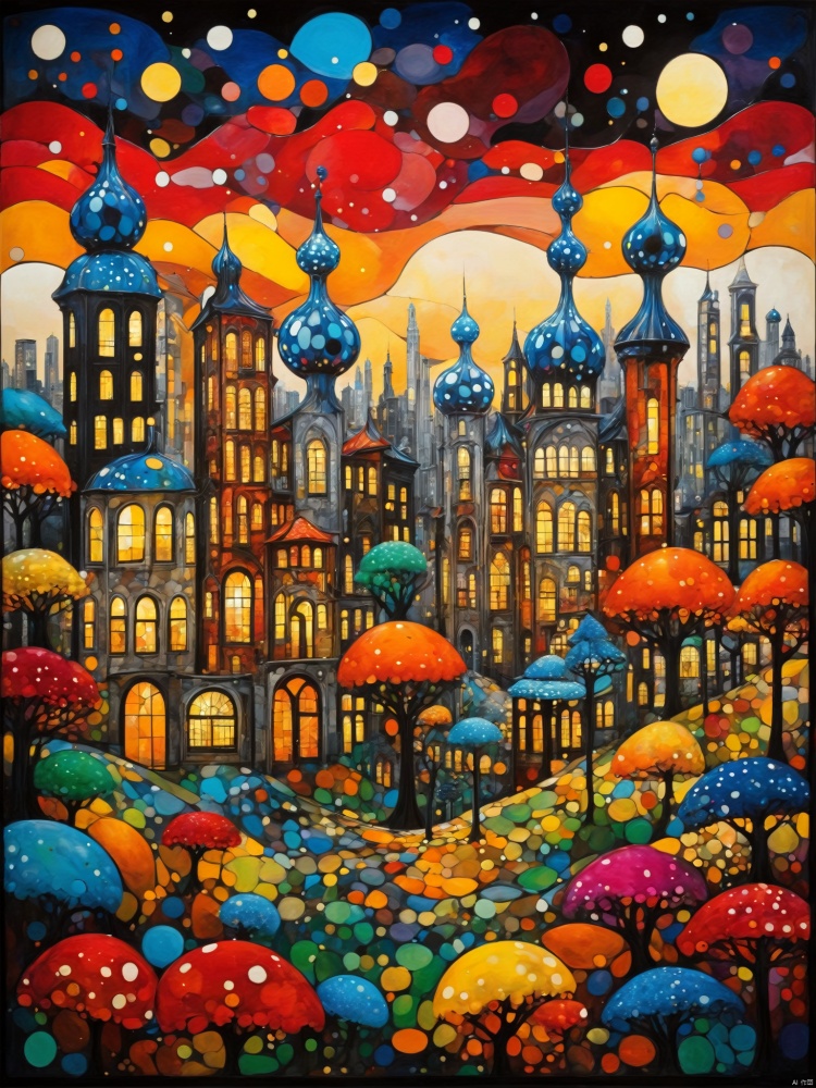 autumntime cityscape painting by Yayoi Kusama, in the style of colorful drawings, joe madureira, hans baldung, romantic graffiti, stained glass, multi-layered color fields