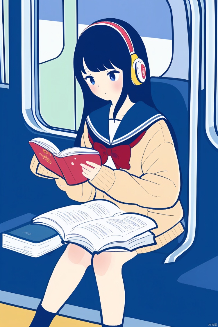  1girl, solo, long hair, blush, bangs, blue eyes, skirt, shirt, black hair, long sleeves, bow, holding, sitting, school uniform, blue hair, pleated skirt, serafuku, socks, bowtie, sailor collar, red bow, blue skirt, book, headphones, cardigan, holding book, open book, reading, train interior