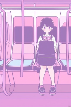  Inside the subway car, a girl, school uniform, panorama, cute girl, carrying a schoolbag, fresh, sitting,pink theme