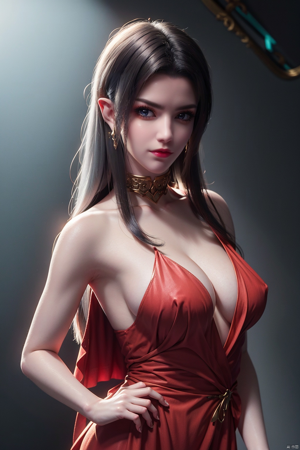  (8k, RAW photo, best quality, masterpiece:1.2),hatching (texture),skin gloss,light persona,artbook,(high detailed skin),glossy skin,contrapposto,female focus,model,(hot:0.7),sexy,fine fabric emphasis,wall paper,fashion,Lipstick,official art,extremely detailed CG unity 8k wallpaper,high heels,star \(symbol\),fate/stay night,standing,upper body,(full shot),(grey background:1.6),1girl,solo,very long hair,bare shoulders,(breasts, medium breasts, cleavage:1.2),hair ornament,(breasts),xwhd,looking atviewer,kme-hd,mds-hd,mdsc-hd,,ll-hd,,ty-hd,, rt-hd