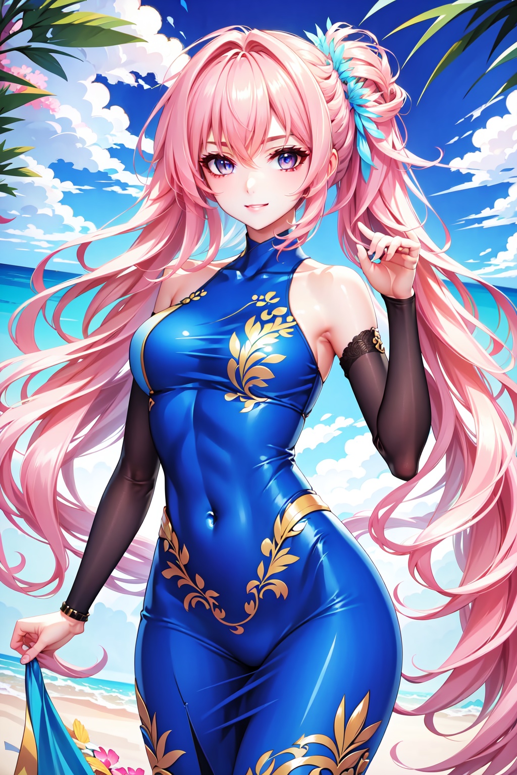 Pretty and beautiful girl. She wears a very fancy two-piece suimsuit. She is a very badass. Hyperdetailing masterpiece,  h...