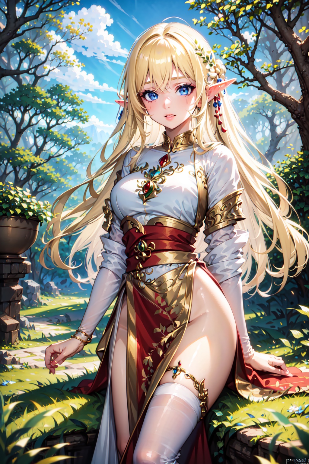 Pretty and charming elf girl. She wears a very elegant elf princess oufit. She is a very cute girl. Hyperdetailing masterp...