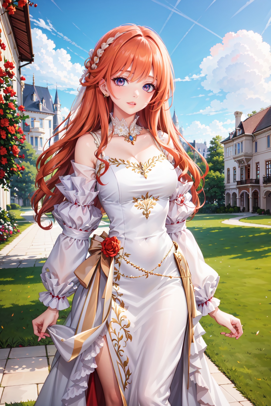 Pretty and charming girl. She wears a very elegant noblewoman oufit. She is a very cute girl. Hyperdetailing masterpiece,...
