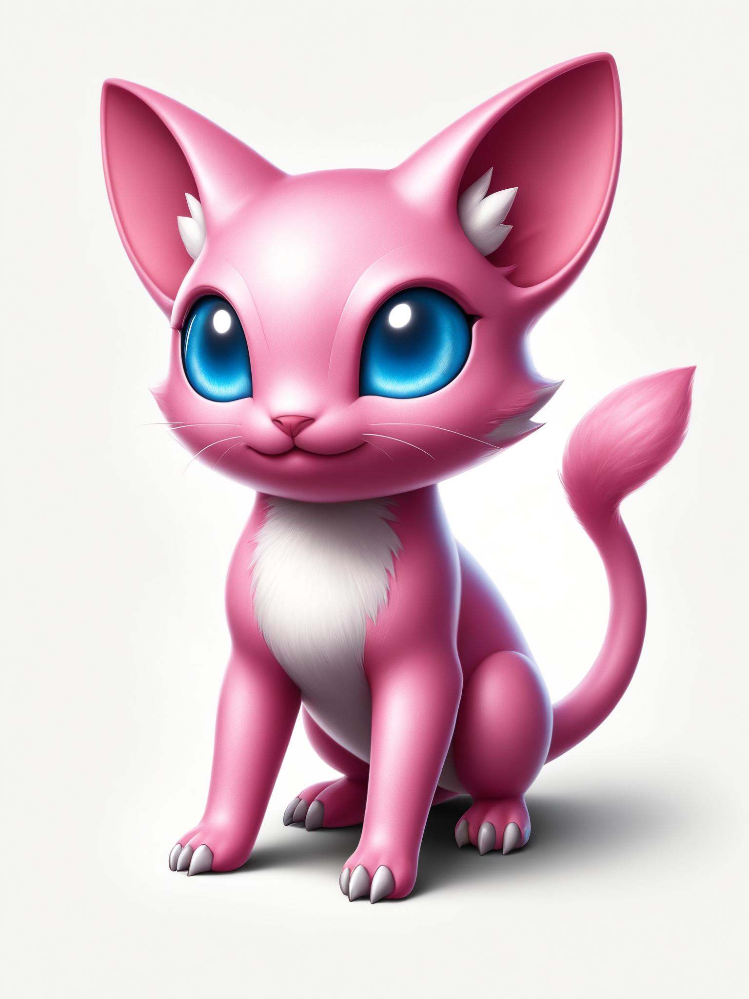 Mew is a pink,  bipedal Pokémon with mammalian features. It has a rounded,  wide snout; triangular ears; and large on Tens...