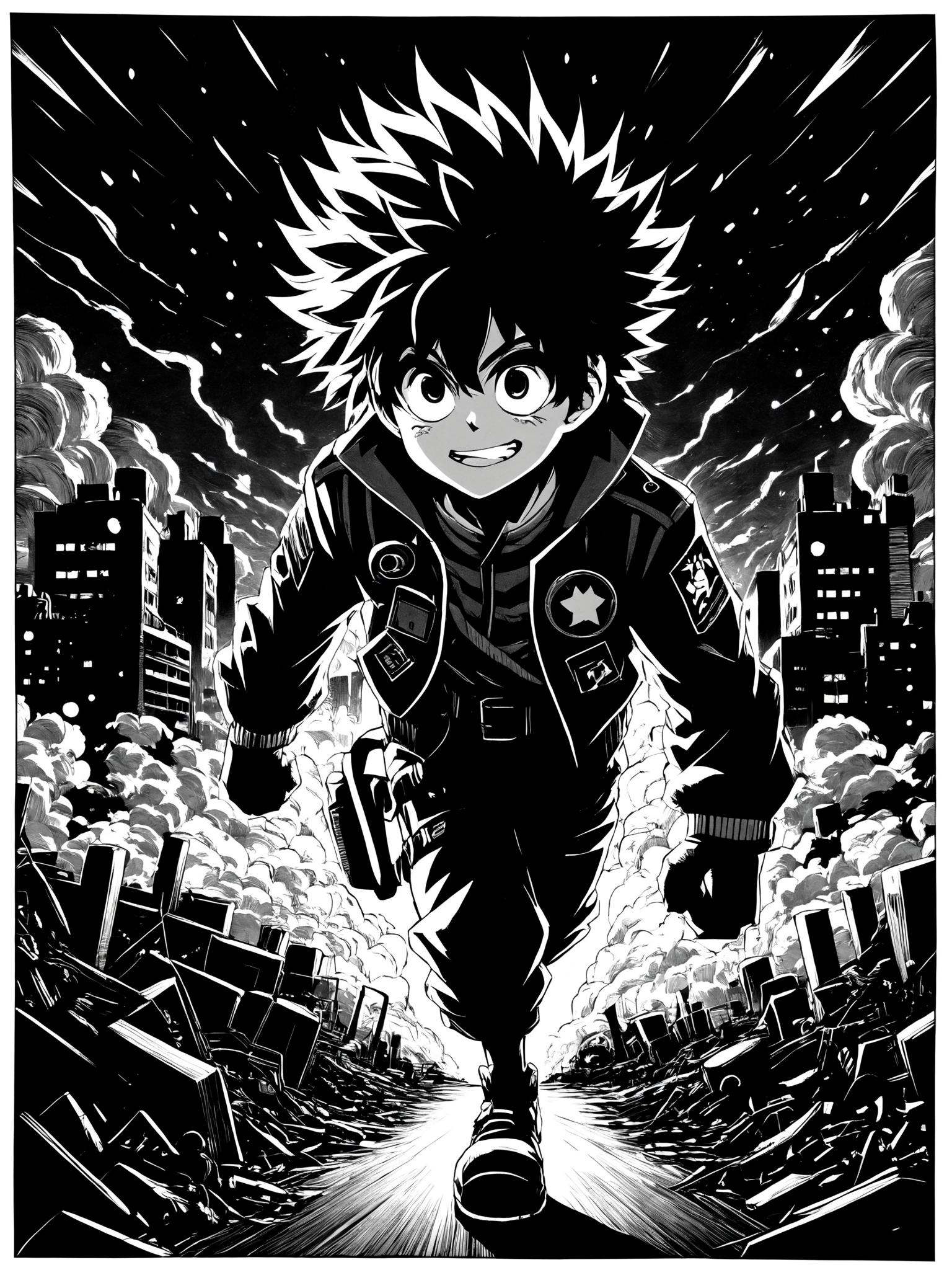 flat scan of Izuku Midoriya in a dark street,  doodle drawn on a paper with black magic paper,  black background on Tensor...