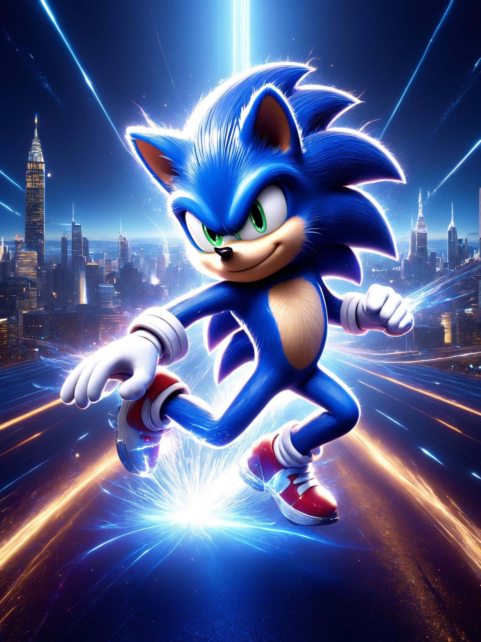A stunning 3D render of Sonic the Hedgehog in action,  showcasing his heroic side. He is wearing his iconic blue outfit wi...
