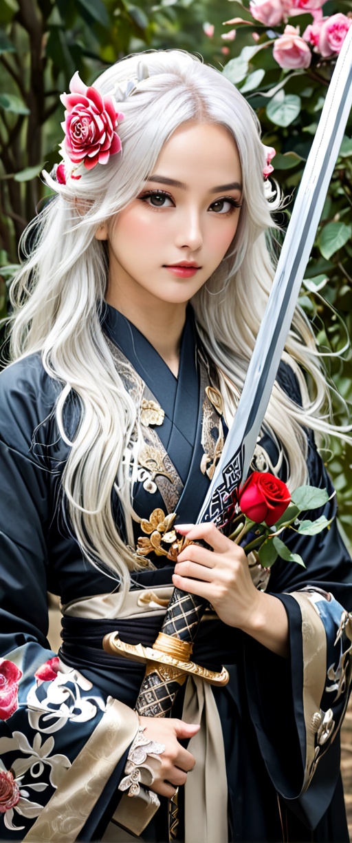 woman in a black robe holding a sword and a rose bush.,  white-haired deity,  beautiful elf in ornate robes on Tensor.Art