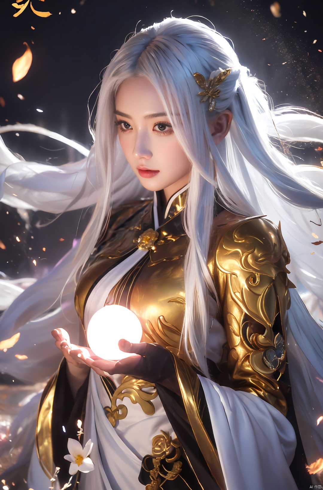  a woman with white hair holding a glowing ball in her hands, white haired deity, by Yang J, heise jinyao, inspired by Zhang Han, xianxia fantasy, flowing gold robes, inspired by Guan Daosheng, human and dragon fusion, cai xukun, inspired by Zhao Yuan, with long white hair, fantasy art style,,Ink scattering_Chinese style, smwuxia Chinese text blood weapon:sw, lotus leaf, (\shen ming shao nv\), gold armor, a boy_gmlwman, wunv, Nine tails, a dragon, lbb, jyy-hd