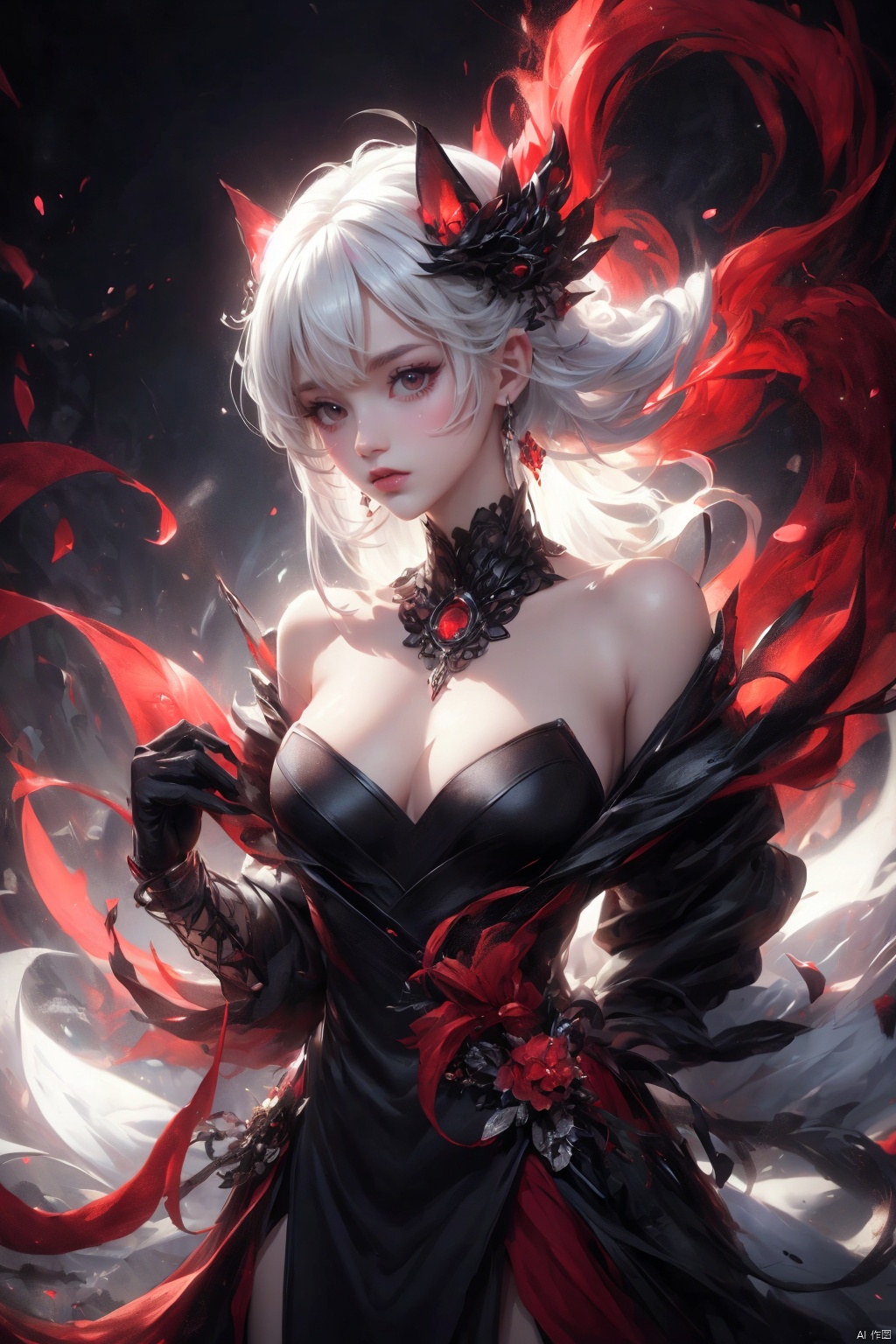  (masterpiece, best quality, best shadow,official art, correct body proportions, Ultra High Definition Picture,master composition),(bust:1.4), (light),
//////
1girl, solo, breasts, looking at viewer, bangs, simple background, black hair, red eyes, gloves, long sleeves, hair between eyes, jewelry, upper body, white hair, multicolored hair, parted lips, teeth, black gloves, black eyes, two-tone hair, lips, streaked hair, coat, symbol-shaped pupils, ring, white coat, red pupils, x-shaped pupils, (hands behind back: 1.6),
//////
(dark background), light, 
//////
1girl, cute girl, Metal_wing, 1girl, seductive eyes, Nine tails