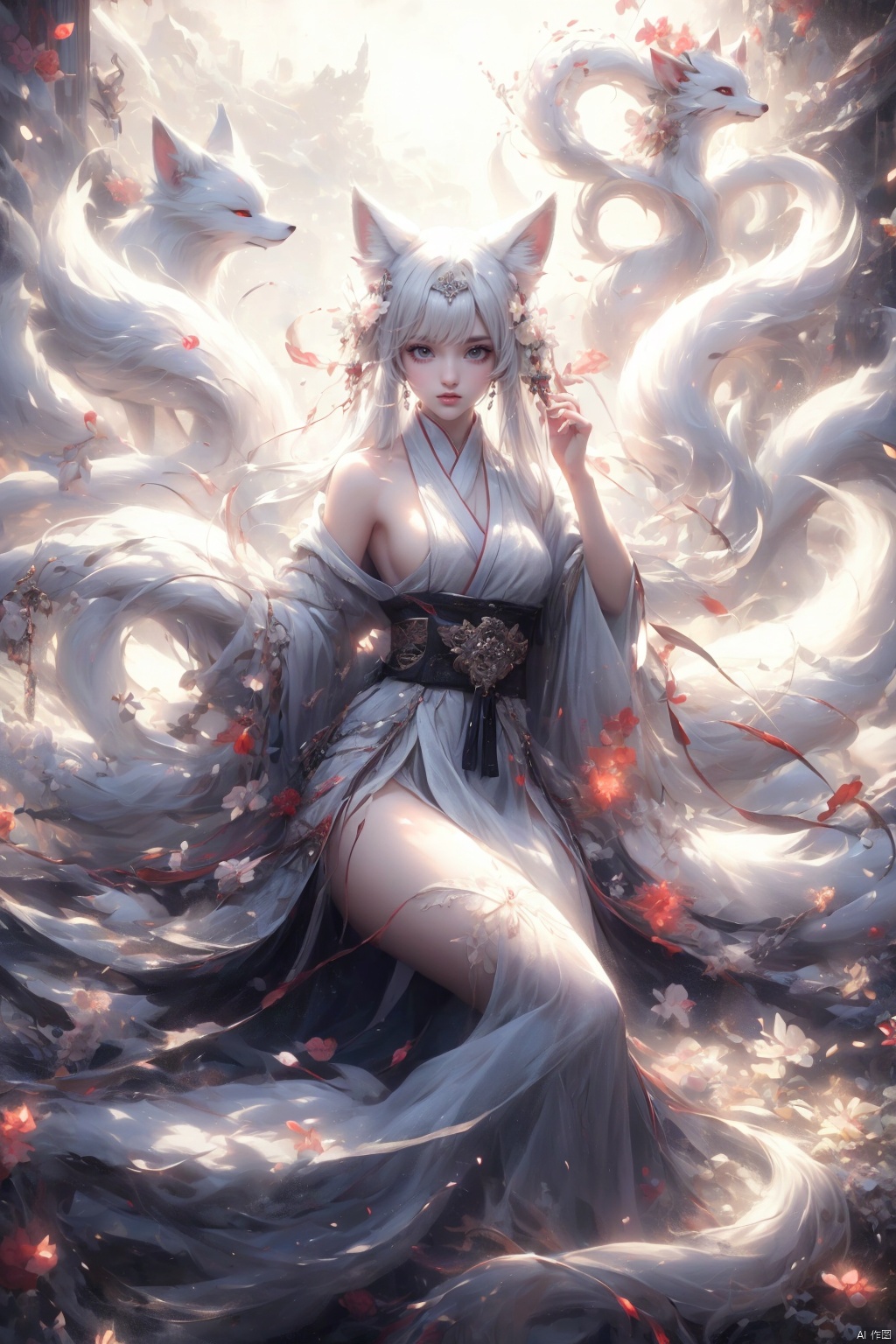 The nine-tailed fox is covered with white and flawless hair, and its nine fluffy tails surround it like a cloud, during which the light and shadow effect, the moonlight is sprinkled on the nine-tailed fox, emitting a soft glow, The color is silver white, the visual Angle looks upward, showing the majesty and beauty of the fox, the quality is delicate, full of dynamic.   The painting was asked to express the mystical charm of the spirit of the nine-tailed fox, echoing the ancient atmosphere of the shrine.   To create a supernatural atmosphere, nine tail bar is very beautiful.
