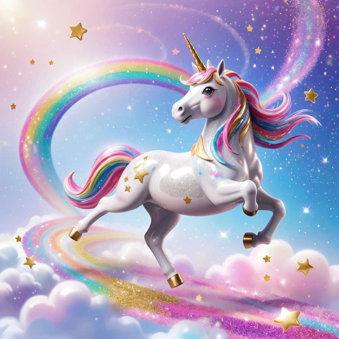 un lápiz de color glitter flying unicorn in motion trail glitter dust More Reasonable Details on Tensor.Art