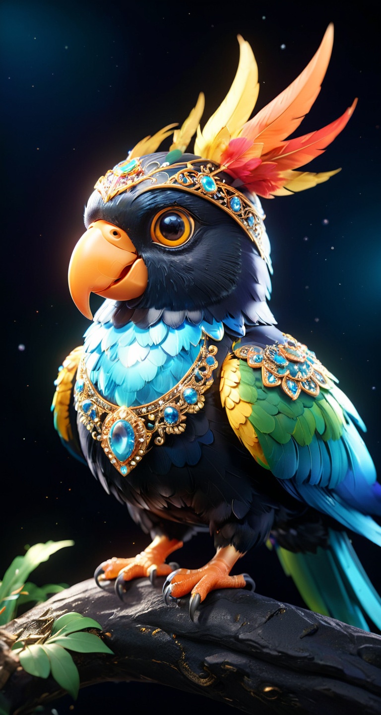 A parrot black ,  small and cute,  generate a celestial adorable non-human animal in the style of celestial and fantasy. t...