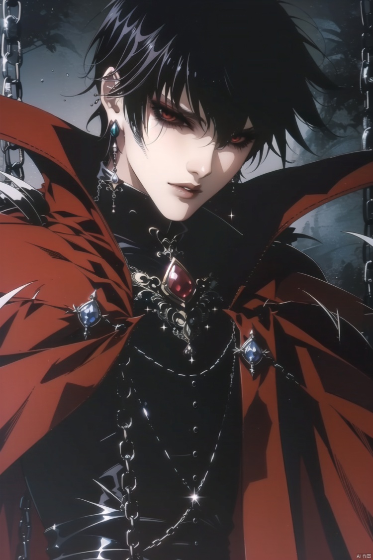 qzgt, 1boy, black hair, male focus, chain, solo, jewelry, earrings, red eyes, cape, short hair, upper body, claws