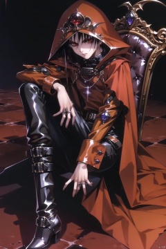 qzgt, solo, 1boy, male focus, black hair, sitting, red eyes, leather, hood, throne, boots, cloak, gauntlets, chair, jewelry, looking at viewer