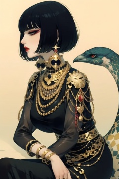 qzgt, 1girl, jewelry, black hair, earrings, chain, gold, bob cut, short hair, makeup, bird, bangs, solo, blunt bangs, snake, red lips, dress, animal, black dress, lipstick, long sleeves, sitting, gold chain, bracelet, yellow background, ring, profile, eyeshadow