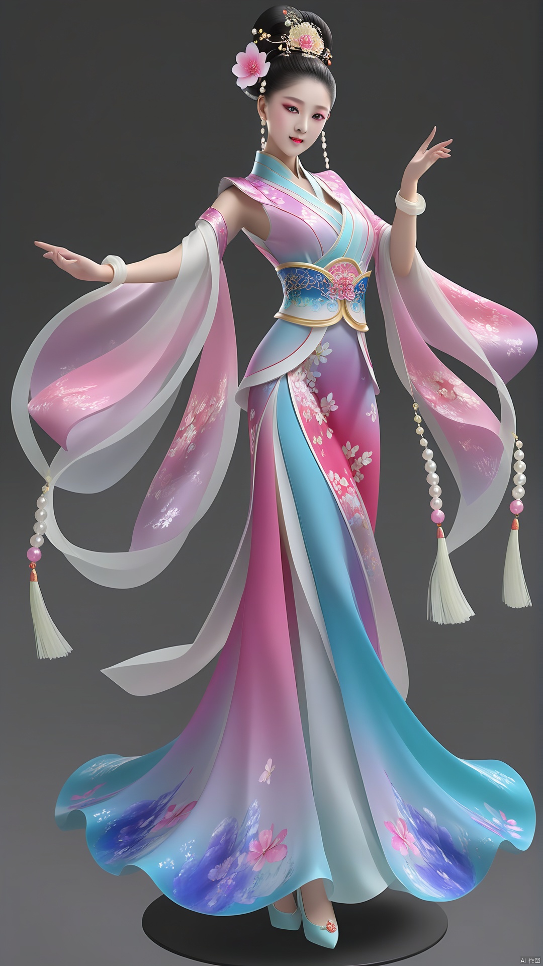 The female character wears a gorgeous Chinese dance skirt with an elegant and light hem,  dancing like a colorful butterfl...