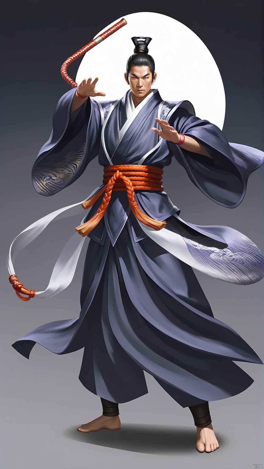 The male character wears a dark monk's robe,  which is simple and solemn,  showing his martial identity. A pair of strong...