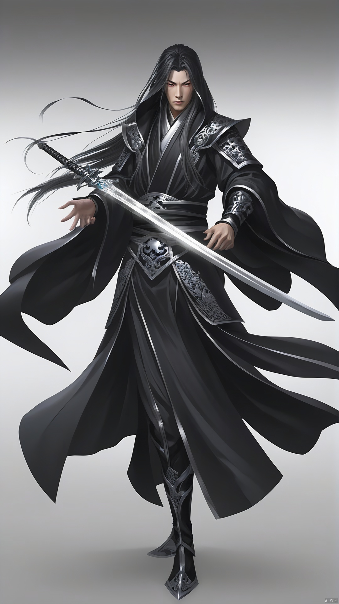 The male character,  dressed in an illusory black swordsman costume,  seems to be illusory with the wind. The robe is inla...
