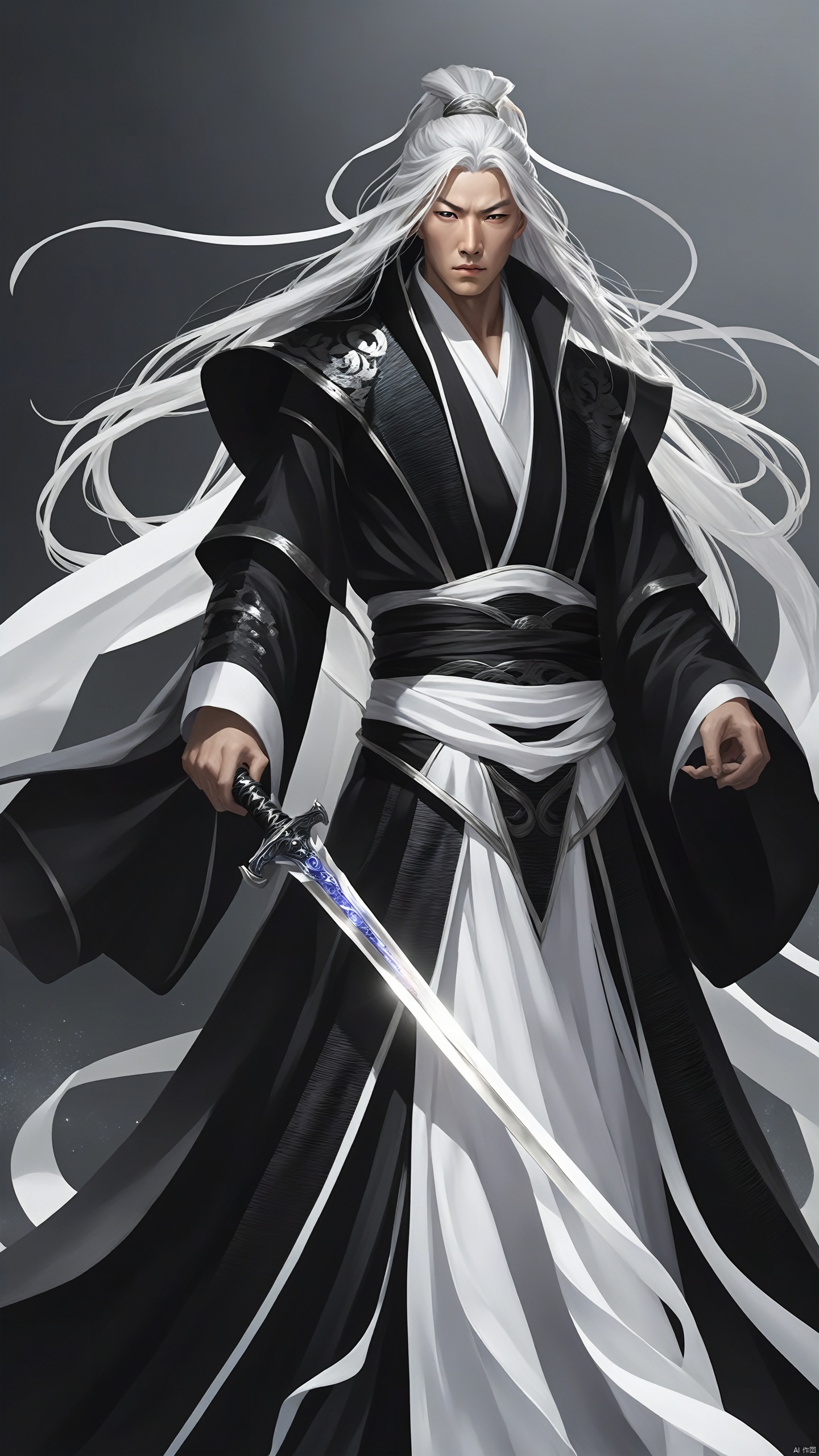 (Close-up facial details) The male character is dressed in an illusory black swordsman costume,  which seems to be illusor...