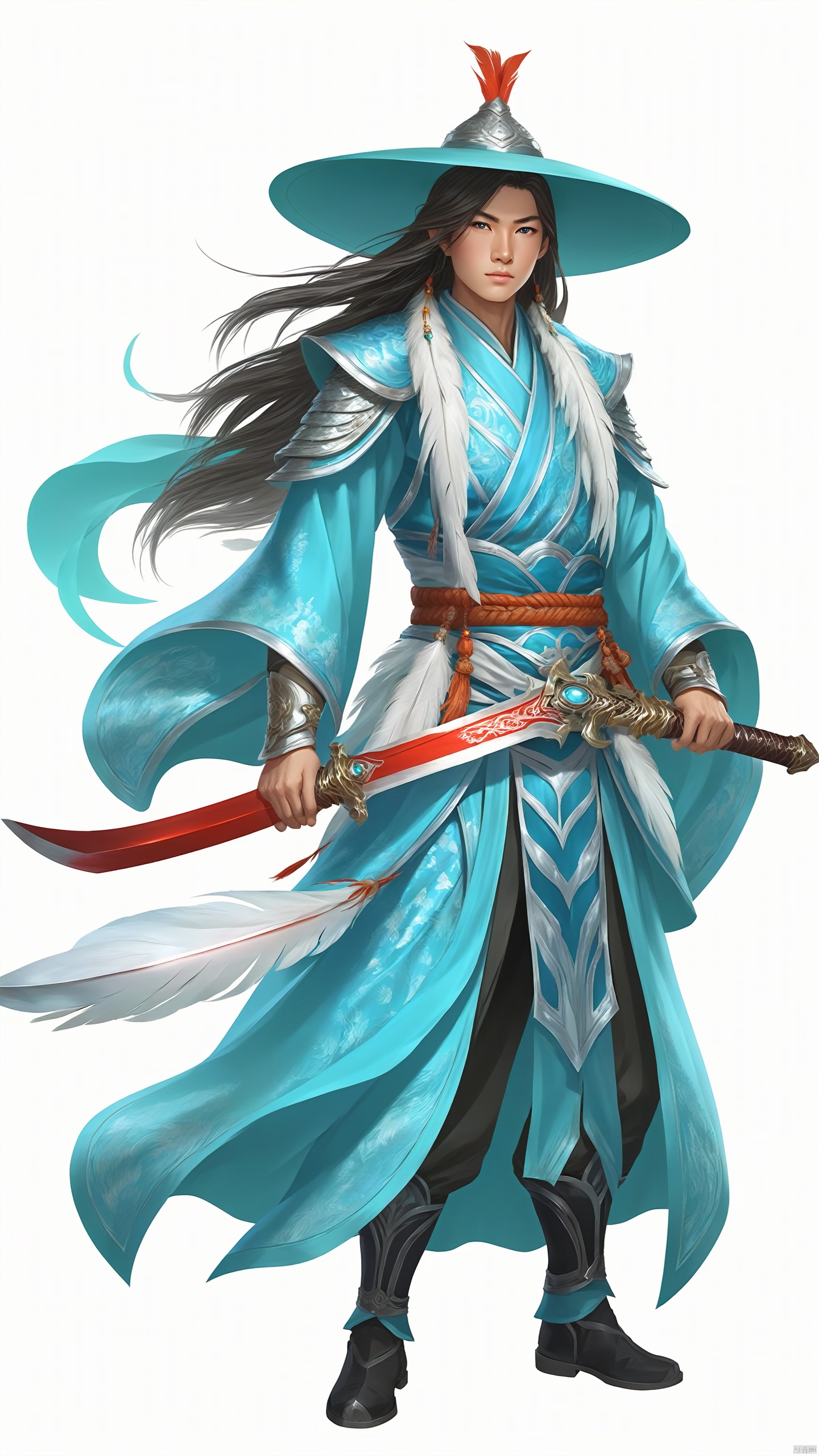 (Detailed facial details) The young character wears a cyan warrior costume,  which is bright and bright,  revealing a yout...