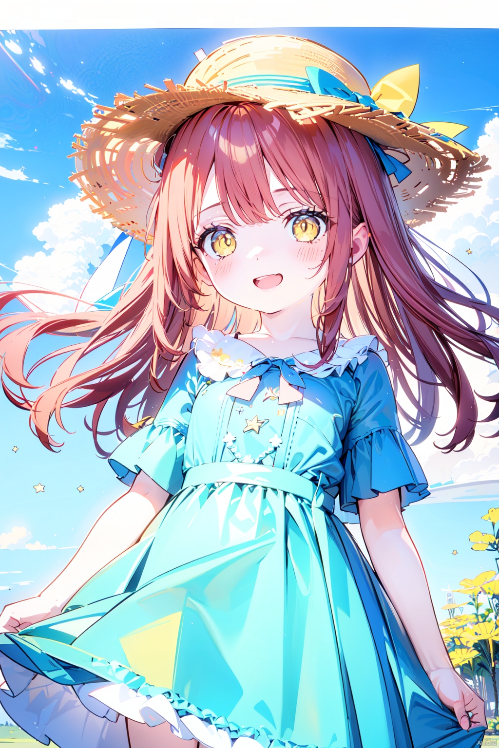  1girl, alternate_costume, bangs, blue_dress, blue_sky, blush, bow, cloud, day, dress, hat, hat_bow, heart, long_hair, open_mouth, outdoors, red_hair, short_sleeves, sky, smile, solo, star_\(symbol\), straw_hat, sun_hat, yellow_eyes