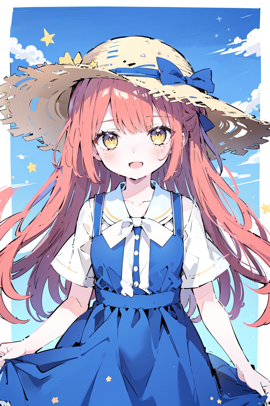 1girl, alternate_costume, bangs, blue_dress, blue_sky, blush, bow, cloud, day, dress, hat, hat_bow, heart, long_hair, open_mouth, outdoors, red_hair, short_sleeves, sky, smile, solo, star_\(symbol\), straw_hat, sun_hat, yellow_eyes