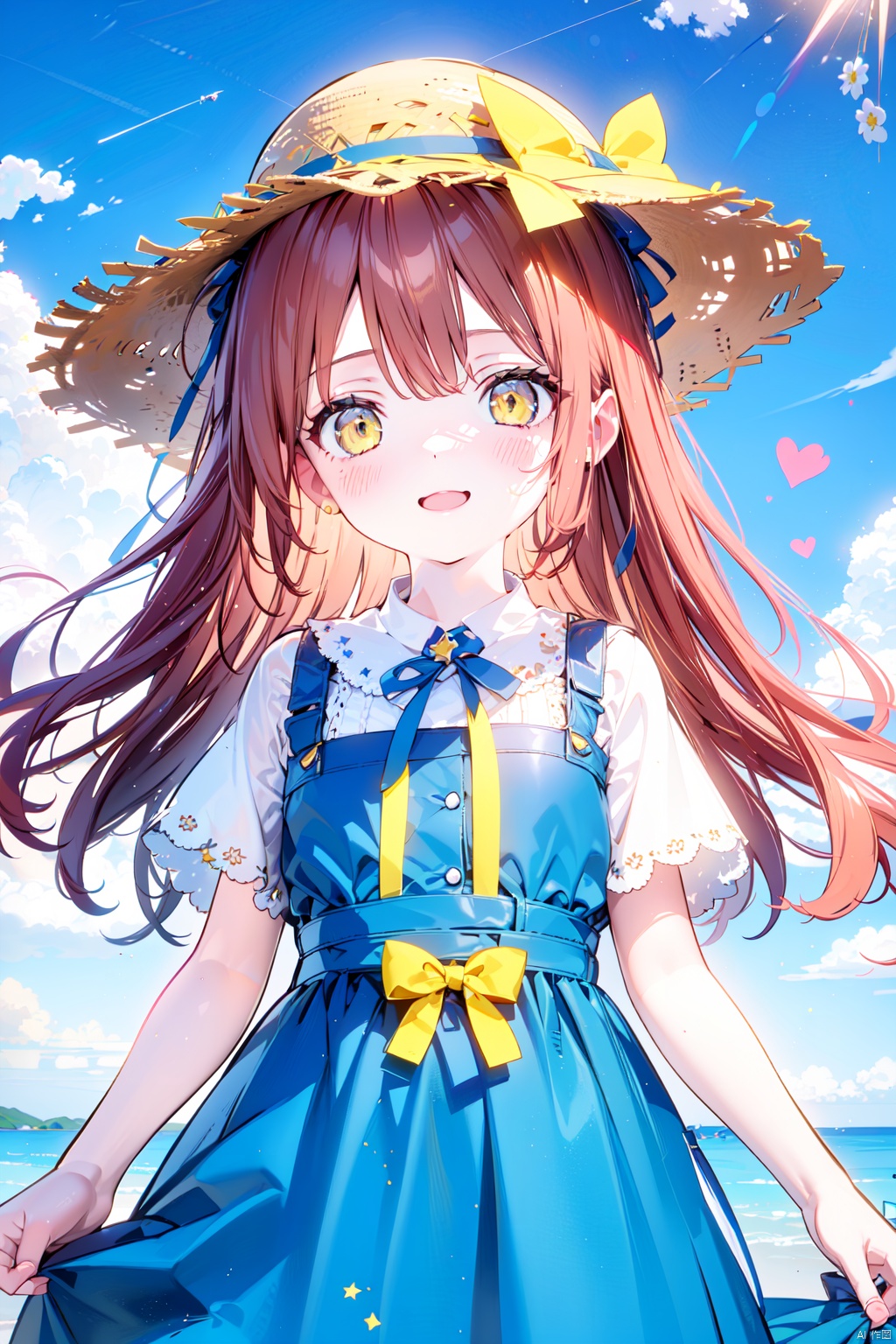  1girl, alternate_costume, bangs, blue_dress, blue_sky, blush, bow, cloud, day, dress, hat, hat_bow, heart, long_hair, open_mouth, outdoors, red_hair, short_sleeves, sky, smile, solo, star_\(symbol\), straw_hat, sun_hat, yellow_eyes