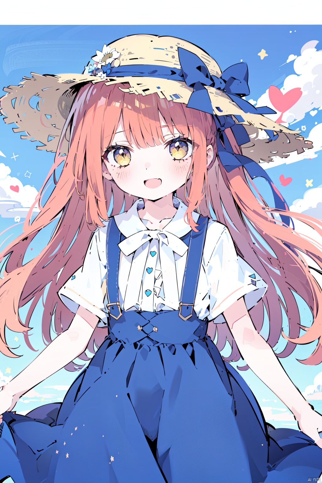  1girl, alternate_costume, bangs, blue_dress, blue_sky, blush, bow, cloud, day, dress, hat, hat_bow, heart, long_hair, open_mouth, outdoors, red_hair, short_sleeves, sky, smile, solo, star_\(symbol\), straw_hat, sun_hat, yellow_eyes
