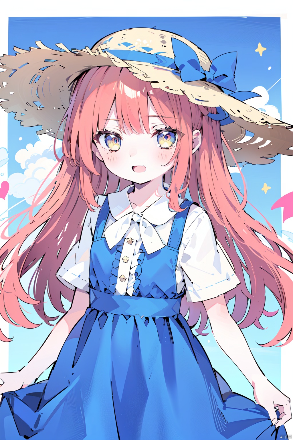  1girl, alternate_costume, bangs, blue_dress, blue_sky, blush, bow, cloud, day, dress, hat, hat_bow, heart, long_hair, open_mouth, outdoors, red_hair, short_sleeves, sky, smile, solo, star_\(symbol\), straw_hat, sun_hat, yellow_eyes