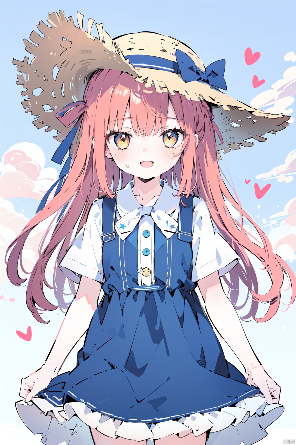  1girl, alternate_costume, bangs, blue_dress, blue_sky, blush, bow, cloud, day, dress, hat, hat_bow, heart, long_hair, open_mouth, outdoors, red_hair, short_sleeves, sky, smile, solo, star_\(symbol\), straw_hat, sun_hat, yellow_eyes