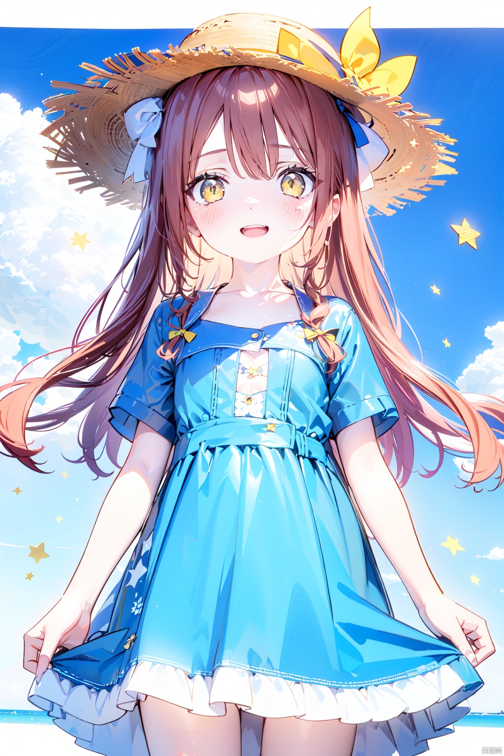  1girl, alternate_costume, bangs, blue_dress, blue_sky, blush, bow, cloud, day, dress, hat, hat_bow, heart, long_hair, open_mouth, outdoors, red_hair, short_sleeves, sky, smile, solo, star_\(symbol\), straw_hat, sun_hat, yellow_eyes