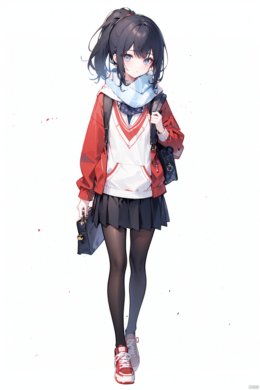 1girl, alternate_costume, bag, bag_charm, black_hair, black_legwear, charm_\(object\), duffel_bag, eating, food, full_body, handbag, holding_food, hood, hood_down, hoodie, jacket, pantyhose, ponytail, red_footwear, scarf, school_bag, shoes, shoulder_bag, simple_background, skirt, sneakers, solo, white_background