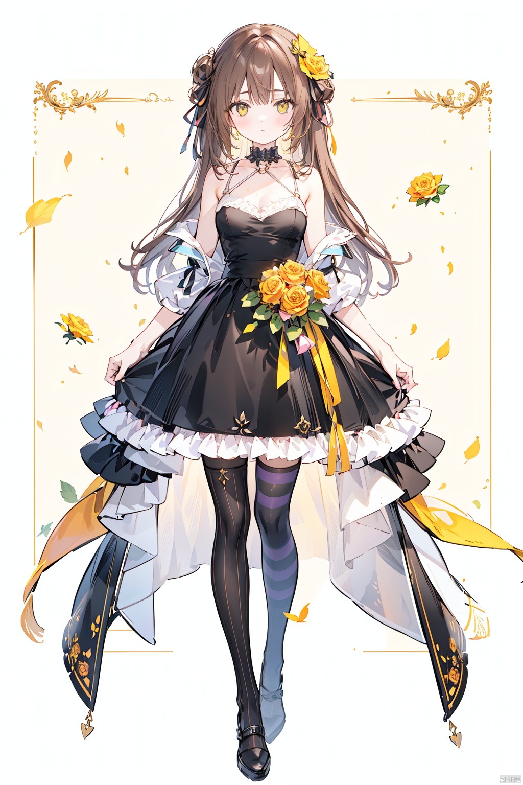 1girl, brown_hair, dress, flower, hair_ribbon, holding, holding_flower, long_hair, orange_background, orange_flower, petals, pink_flower, pink_rose, purple_rose, red_flower, red_rose, ribbon, rose, rose_petals, solo, striped, striped_legwear, thorns, white_flower, white_rose, yellow_background, yellow_flower, yellow_rose, yellow_theme